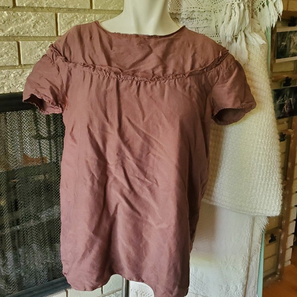 Hannes Roether Plum Cotton/Silk Boho ruffle cap sleeve Top S